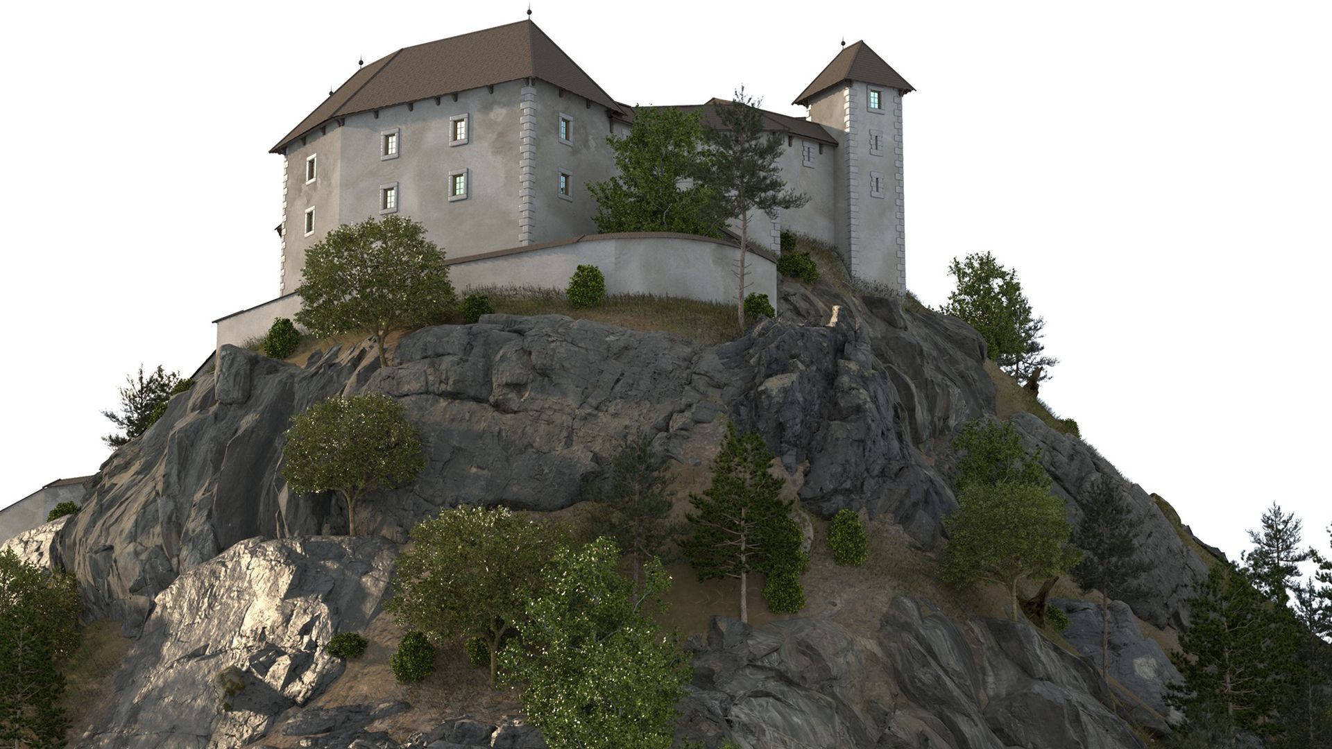 3D animirani grad Svibno, ki stoji na vrhu hriba.